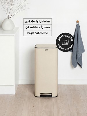 5 Five Simply Smart Delta Kare Metal Pedallı Çöp Kovası 30 L – Sessiz Kapanma, Metal Gövde, İç Kovalı, Bej