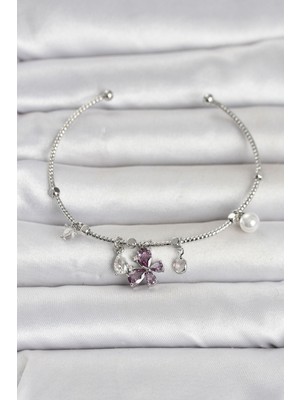 Aslanoğlu Store Pirinç Gümüş Renk Mor Detaylı Charmlı Kadın Bileklik TJ-BB8485