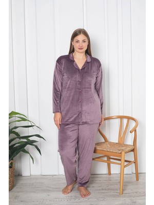 Asel Büyük Beden Boydan Düğmeli Kadife Pijama Takımı
