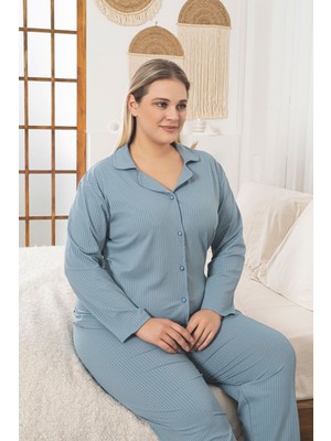 Asel Büyük Beden Boydan Düğmeli Kaşkorse Kumaş Pijama Takımı