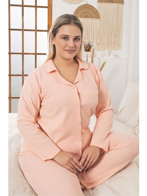 Asel Büyük Beden Boydan Düğmeli Kaşkorse Kumaş Pijama Takımı