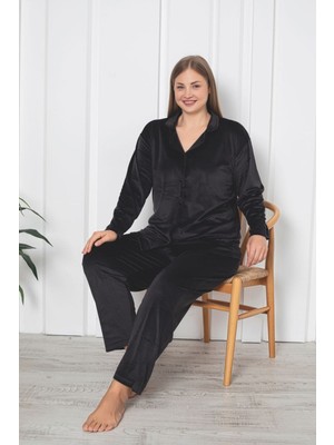 Asel Büyük Beden Boydan Düğmeli Kadife Pijama Takımı