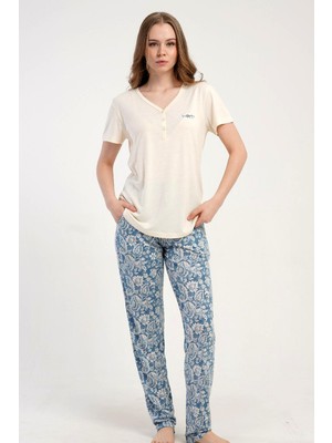Kezokino Kadın Yarım Düğmeli Kısa Kollu Ekru Pijama Takımı Rahat Kesim Yazlık Ev Giyimi C6T7N2215