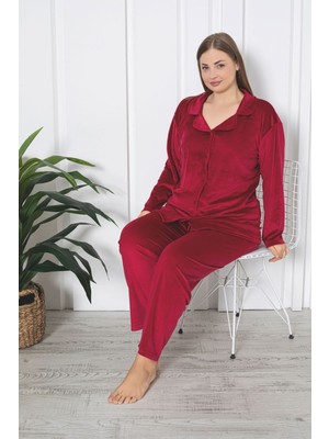 Asel Büyük Beden Boydan Düğmeli Kadife Pijama Takımı