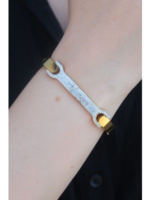 Aslanoğlu Store 316L Çelik Gold Renk Zirkon Taşlı Kadın Kelepçe TJ-BB5285