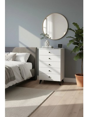 Dienni Simple Şifonyer 5 Çekmeceli Beyaz 60X44X96 Modern Tasarım ve Malzeme Özellikleriyle