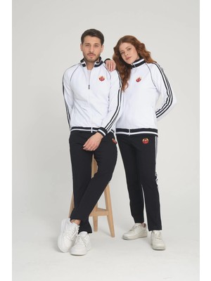 Piyera Beyaz Unisex Iki Iplik Fermuarlı Sevgili Çift Kombin Rahat Spor Eşofman Takımı - Ikili 7663-1