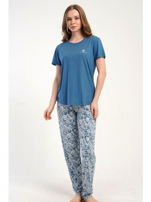 Kezokino Kadın Kısa Kollu Mavi Pijama Takımı Rahat Kesim Yazlık Ev Giyimi C5T7N2215