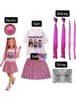 Bemora Kids Kpop Mira Huntrix Iblis Avcıları Baskılı Tişört+Pembe Pullu Etek + Mira Pembe Simli Saç +Yüz Taşı+Saç Tozu Parti Doğum Günü