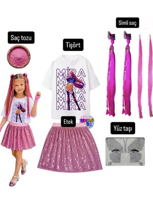 Bemora Kids Kpop Mira Iblis Avcıları Baskılı Tişört+Pembe Pullu Etek + Mira Pembe Simli Saç +Yüz Taşı+Saç Tozu Parti Doğum Günü