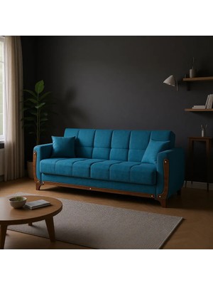 Belletto Yataklı-Sandıklı Zeta Kanepe Mavi Kavak İskeletli 220 cm Derinlik 60 cm Konforlu Tasarım