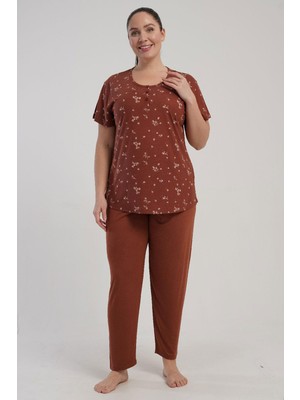 Kezokino Kadın Büyük Beden Yarım Düğmeli Kısa Kollu Kiremit Pijama Takımı C3T7N2215