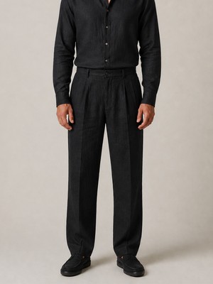 Xint Erkek Siyah %100 Keten Regular Fit Pantolon