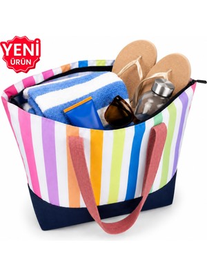 Çantaland Renkli Çizgili Kot Kumaş Tabanlı Plaj Çantası