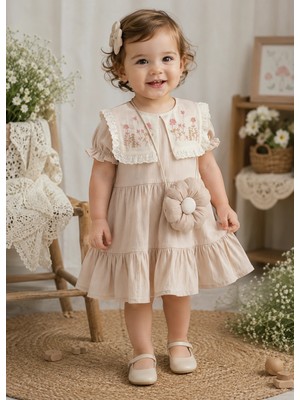 My Lusa Baby Velya Mini Kız Bebek %100 Pamuklu Nakışlı Çiçek Aksesuar Çantalı Elbise