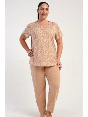 Kezokino Kadın Büyük Beden Yarım Düğmeli Kısa Kollu Açık Kahve Pijama Takımı C1T5N2215