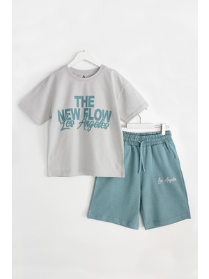 DobaKids Yazlık Erkek Çocuk Oversize T-Shirt Kapri Kısa Kollu Takım West Coast Series Gri - Mint Yeşili