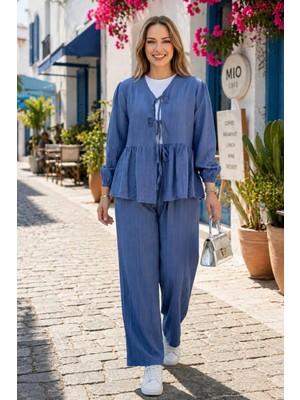 Harma Time Butik Kadın Bağlamalı Çilek Kumaş Mavi Tunik Pantolon Ikili Takım