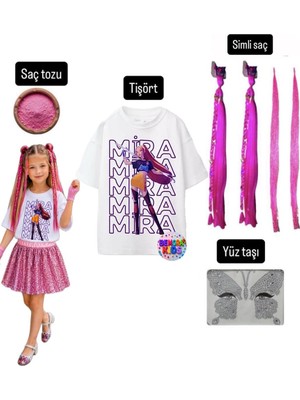 Bemora Kids Kpop Mira Baskılı Huntrix Iblis Avcıları Baskılı Tişört Mira Pembe Simli Saç +Yüz Taşı+Saç Tozu Parti Doğum Günü