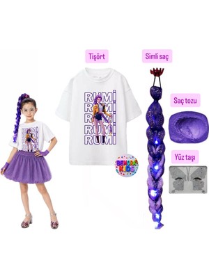 Bemora Kids Kpop Rumi Baskılı Huntrix Iblis Avcıları Baskılı Tişört Rumi Mor Simli Saç +Yüz Taşı+Saç Tozu Set Parti Doğum Günü