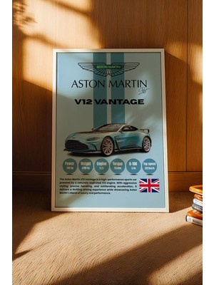 E2 Nova Aston Martin V12 Vantage Araba Tablosu - Teknik Özellikli Otomobil Posteri - Çerçeveli Duvar Dekoru
