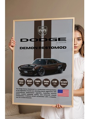 E2 Nova Dodge Demon Restomod Araba Tablosu - Teknik Özellikli Otomobil Poster - Çerçeveli Duvar Dekoru