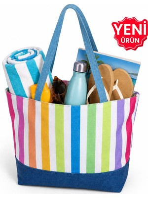 Çantaland Renkli Çizgili Kot Kumaş Tabanlı Plaj Çantası