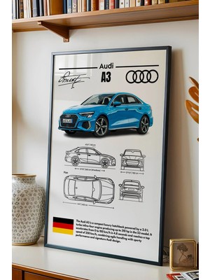 E2 Nova Audi A3 Tablo - Teknik Özellikli Alman Otomobil Poster - Çerçeveli Duvar Dekoru - Araba Blueprint