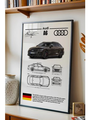 E2 Nova Audi A6 Tablo - Teknik Özellikli Alman Lüks Sedan Poster - Çerçeveli Duvar Dekoru - Araba Blueprint
