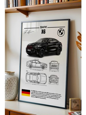 E2 Nova Bmw X6 Tablo - Teknik Özellikli Alman Spor Coupe Suv Poster - Çerçeveli Duvar Dekoru - Blueprint