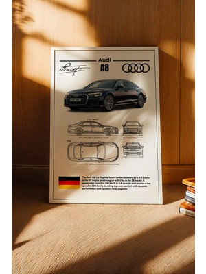 E2 Nova Audi A8 Tablo - Teknik Özellikli Alman Lüks Sedan Poster - Çerçeveli Duvar Dekoru - Araba Blueprint