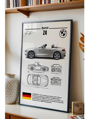 E2 Nova Bmw Z4 Tablo - Teknik Özellikli Alman Roadster Poster - Çerçeveli Duvar Dekoru - Araba Blueprint