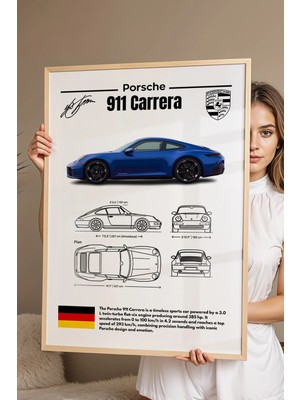 E2 Nova Porsche 911 Carrera Tablo - Teknik Özellikli Spor Araba Poster - Çerçeveli Duvar Dekoru - Blueprint