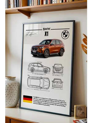 E2 Nova Bmw X1 Tablo - Teknik Özellikli Alman Lüks Suv Poster - Çerçeveli Duvar Dekoru - Araba Blueprint