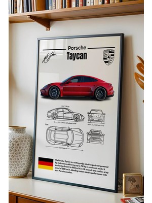 E2 Nova Porsche Taycan Tablo - Teknik Özellikli Elektrikli Spor Araba Poster - Çerçeveli Duvar Dekoru