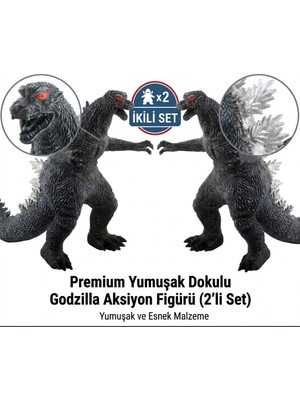 Elifeshop 2'li Godzilla Aksiyon Figürü Seti 20 cm Yumuşak Dokulu Karakter Oyuncak Çocuklara Özel Hediye 2 Adet