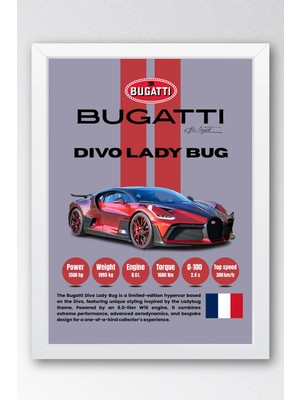 E2 Nova Bugatti Divo Lady Bug Araba Tablosu - Teknik Özellikli Otomobil Poster - Çerçeveli Duvar Dekoru
