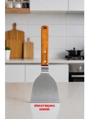 Destpak Japon Spatulası Bıçaklı ve Delikli - Profesyonel 304 Kalite - Teppanyaki Stil Spatula - Ahşap Akasya Saplı - Hem Dekoratif Hem Pratik