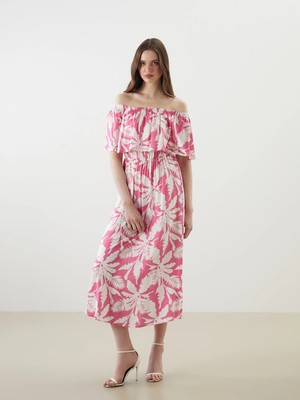 LC Waikiki Lcwaıkıkı Classic Pembe Kayık Yaka Çiçekli Elbise