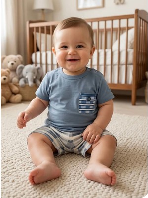 Aki Moda Kids Aki Moda Kıds Soft Blue Kareli Şortlu Erkek Bebek Takım