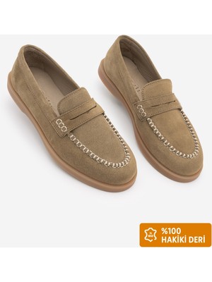 Marjin Kadın Hakiki Deri Ip Detaylı Makosen Loafer Olive Günlük Ayakkabı Ginar Toprak Süet