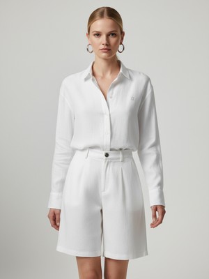 Xint Kadın Beyaz %100 Keten Oversize Gömlek
