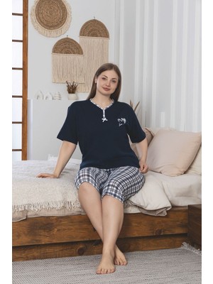 Asel Büyük Beden Likralı Pamuklu Kapri Pijama Takım