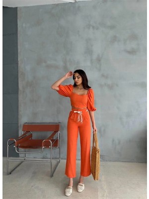 Marsilyan- Keten Crop Karpuz Kol Bluz-Pantolon Hasır Kemerli - Orange