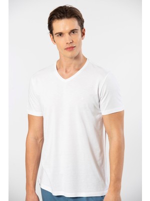Cacharel Erkek Kısakol V Yaka T-Shirt, %50 Pamuk %50 Modal