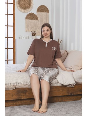 Asel Büyük Beden Likralı Pamuklu Kapri Pijama Takım