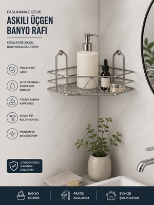 Orsam Tıp Paslanmaz Çelik Askılı Tek Üçgen Köşe Banyo Rafı – Tek Raf, Duvar Tipi, Şık ve Dayanıklı Tasarım