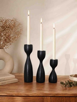 Han Ahşap Ahşap Şamdan Seti Siyah Renk | Dekoratif Mumluk Takımı | 17,5 cm - 15 cm - 11 cm