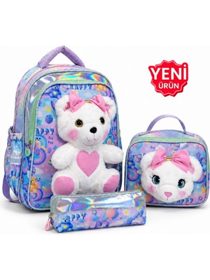 Çantaland Kız Çocuk Ilkokul Çantası 3’lü Set Peluş Detaylı Sırt Çantası Beslenme Çantası Kalemlik