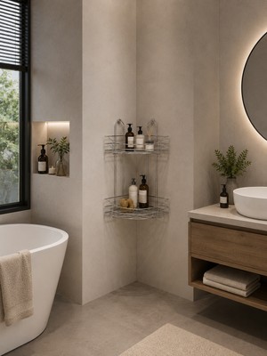 Orsam Tıp Paslanmaz Çelik Askılı Iki Katlı Üçgen Köşe Mil Tasarım Banyo Rafı – Iki Katlı, Şık ve Dayanıklı Tasarım
